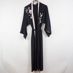 Vintage Natori Satin Robe One Size Floral Embroidery
